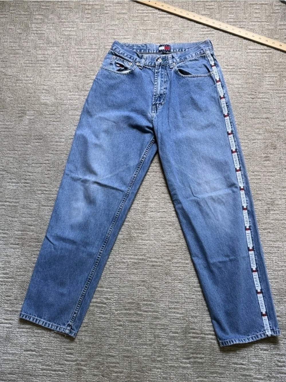 VTG 90s Tommy Hilfiger Women 30x30 LOGO STRIPE High Rise Baggy Y2K Jeans